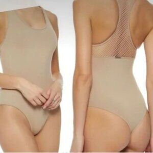 Koral Activewear Tan Mesh Thong Bodysuit Scoop Neck Women's Size Small